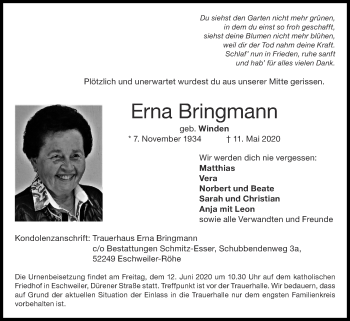 Traueranzeige von Erna Bringmann von Zeitung am Sonntag