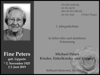 Traueranzeige von Fine Peters von Zeitung am Sonntag