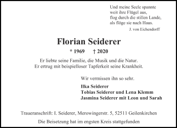 Traueranzeige von Florian Seiderer von Aachener Zeitung / Aachener Nachrichten