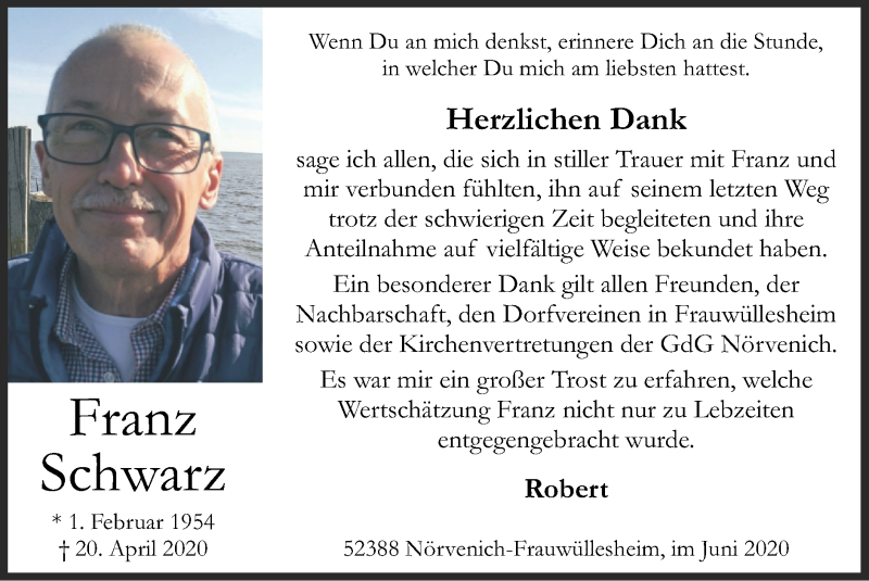  Traueranzeige für Franz Schwarz vom 14.06.2020 aus Zeitung am Sonntag