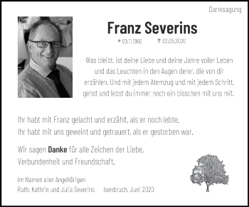 Traueranzeige von Franz Severins von Zeitung am Sonntag