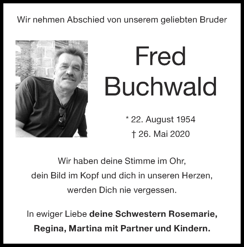  Traueranzeige für Fred Buchwald vom 31.05.2020 aus Zeitung am Sonntag