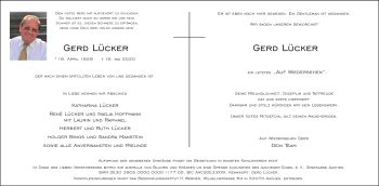 Traueranzeige von Gerd Lücker von Aachener Zeitung / Aachener Nachrichten