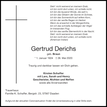Traueranzeige von Gertrud Derichs von Zeitung am Sonntag