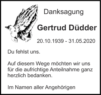 Traueranzeige von Gertrud Düdder von Zeitung am Sonntag