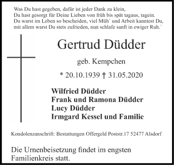 Traueranzeige von Gertrud Düdder von Zeitung am Sonntag
