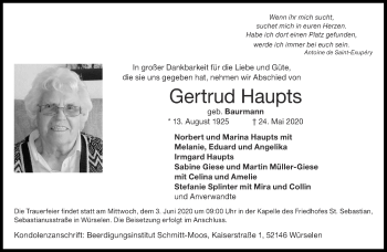 Traueranzeige von Gertrud Haupts von Aachener Zeitung / Aachener Nachrichten
