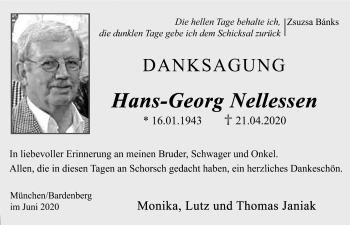 Traueranzeige von Hans-Georg Nellessen von Zeitung am Sonntag