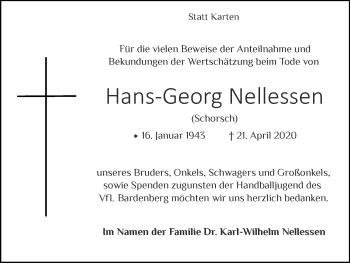Traueranzeige von Hans-Georg Nellessen von Zeitung am Sonntag