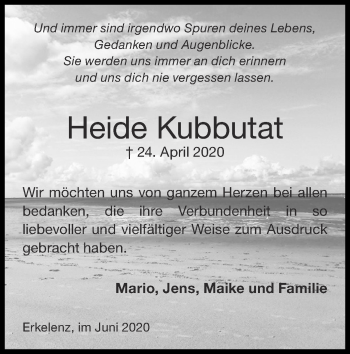 Traueranzeige von Heide Kubbutat von Zeitung am Sonntag
