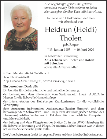Traueranzeige von Heidrun Tholen von Zeitung am Sonntag