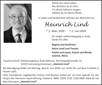 Traueranzeige von Heinrich Lind von Zeitung am Sonntag