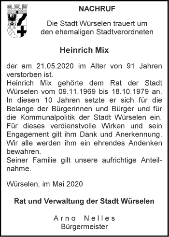 Traueranzeige von Heinrich Mix von Zeitung am Sonntag