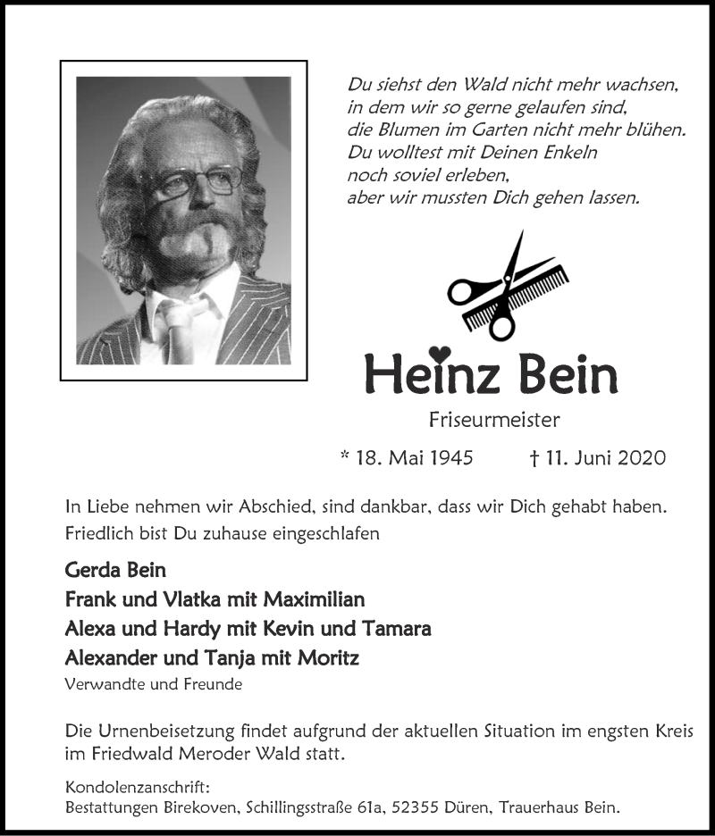  Traueranzeige für Heinz Bein vom 21.06.2020 aus Zeitung am Sonntag