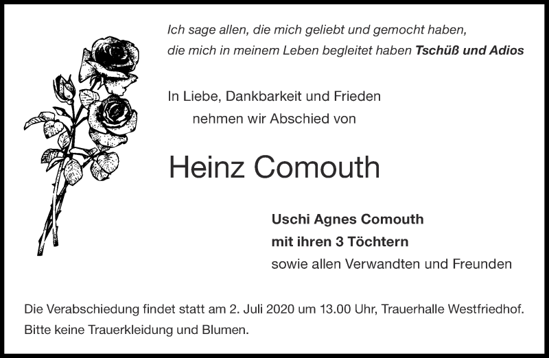  Traueranzeige für Heinz Comouth vom 27.06.2020 aus Aachener Zeitung / Aachener Nachrichten