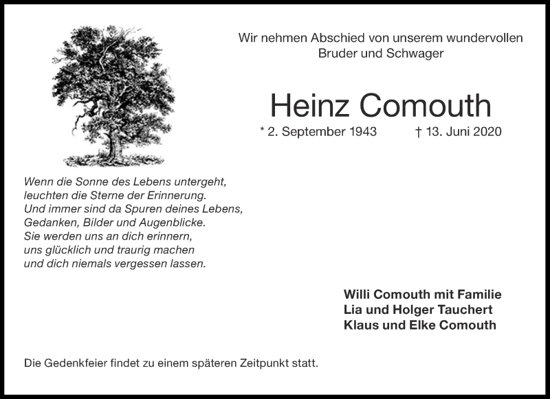  Traueranzeige für Heinz Comouth vom 20.06.2020 aus Aachener Zeitung / Aachener Nachrichten