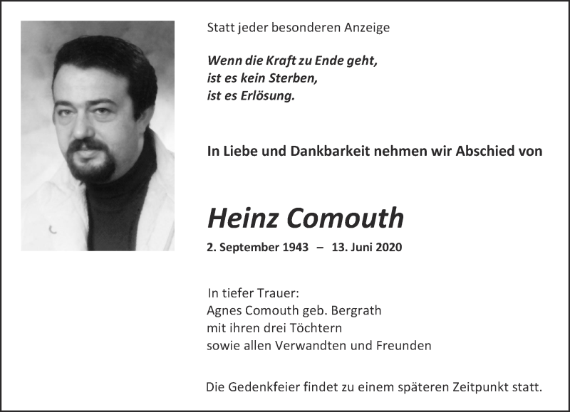  Traueranzeige für Heinz Comouth vom 20.06.2020 aus Aachener Zeitung / Aachener Nachrichten
