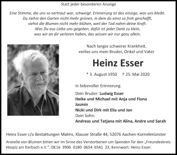 Traueranzeige von Heinz Esser von Aachener Zeitung / Aachener Nachrichten