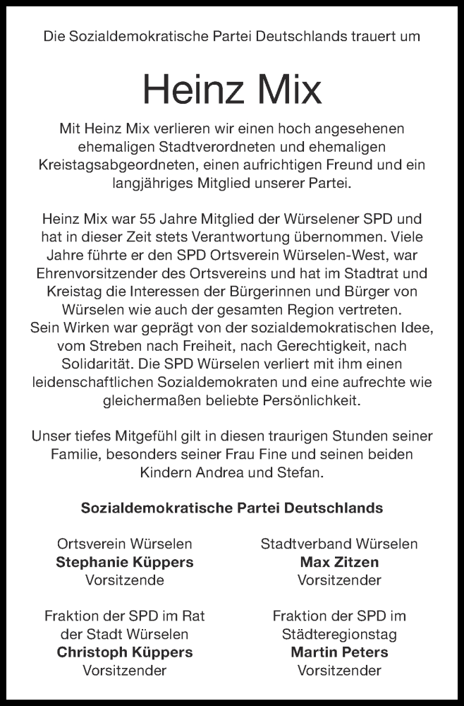  Traueranzeige für Heinz Mix vom 31.05.2020 aus Zeitung am Sonntag