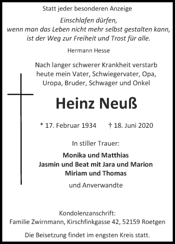 Traueranzeige von Heinz Neuß von Zeitung am Sonntag