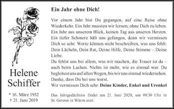 Traueranzeige von Helene Schiffer von Zeitung am Sonntag