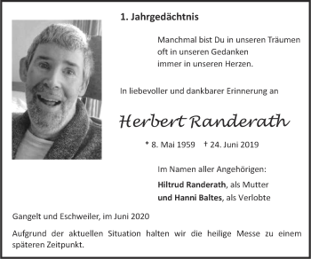 Traueranzeige von Herbert Randerath von Zeitung am Sonntag