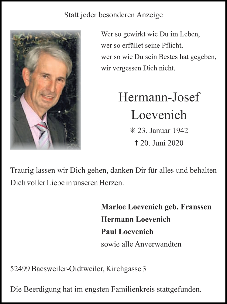  Traueranzeige für Hermann-Josef Loevenich vom 28.06.2020 aus Zeitung am Sonntag