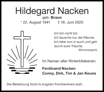 Traueranzeige von Hildegard Nacken von Zeitung am Sonntag