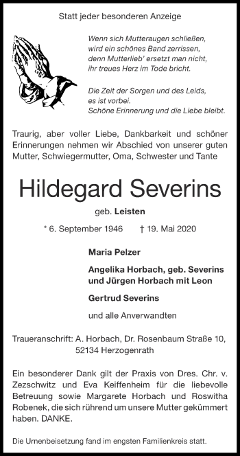 Traueranzeige von Hildegard Severins von Zeitung am Sonntag