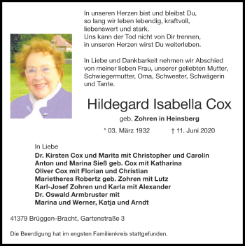 Traueranzeige von Hildegard Isabella Cox von Zeitung am Sonntag