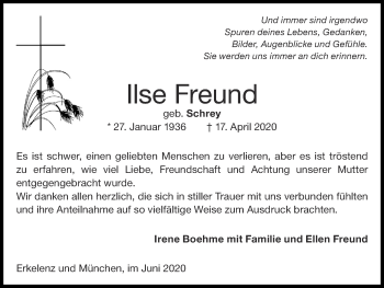 Traueranzeige von Ilse Freund von Zeitung am Sonntag