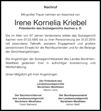 Traueranzeige von Irene Kornelia Kriebel von Aachener Zeitung / Aachener Nachrichten