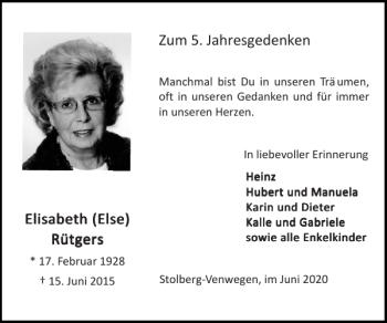Traueranzeige von Jahresgedenken Elisabeth Else Elisabeth Else Rütgers Rütgers  von Super Sonntag / Super Mittwoch