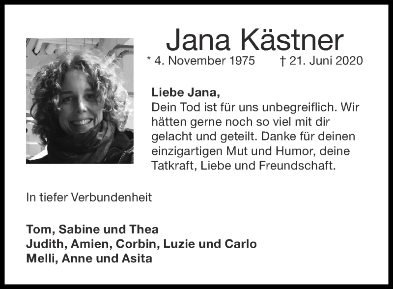  Traueranzeige für Jana Kästner vom 27.06.2020 aus Aachener Zeitung / Aachener Nachrichten