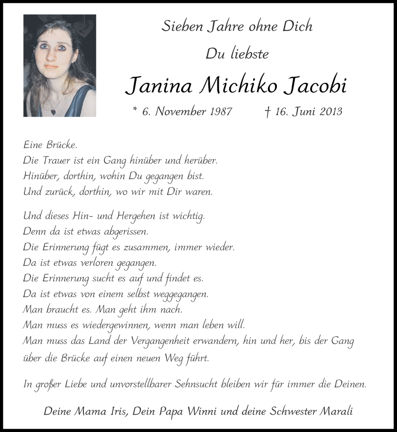  Traueranzeige für Janina Michiko Jacobi vom 13.06.2020 aus Aachener Zeitung / Aachener Nachrichten