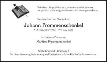 Traueranzeige von Johann Prommenschenkel von Aachener Zeitung / Aachener Nachrichten