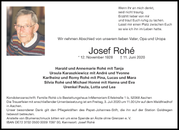 Traueranzeige von Josef Rohé von Aachener Zeitung / Aachener Nachrichten