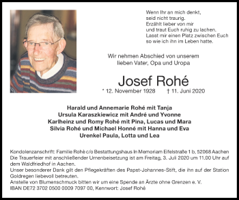 Traueranzeige von Josef Rohé von Zeitung am Sonntag
