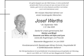 Traueranzeige von Josef Werths von Zeitung am Sonntag