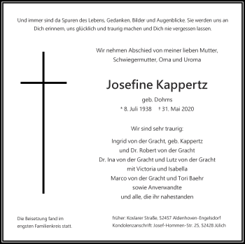 Traueranzeige von Josefine Kappertz von Zeitung am Sonntag