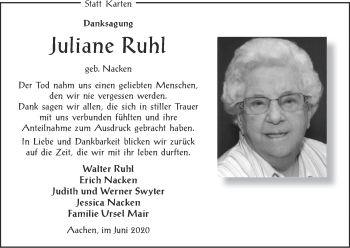 Traueranzeige von Juliane Ruhl von Zeitung am Sonntag