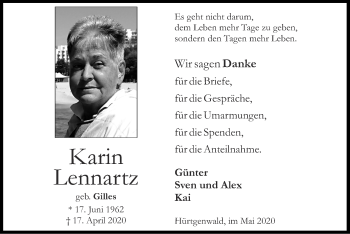 Traueranzeige von Karin Lennartz von Zeitung am Sonntag