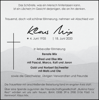 Traueranzeige von Klaus Mix von Zeitung am Sonntag