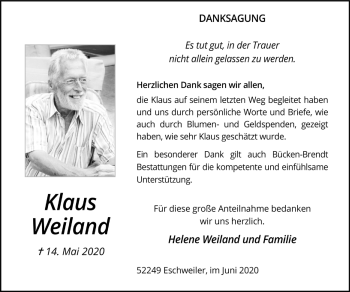 Traueranzeige von Klaus Weiland von Zeitung am Sonntag