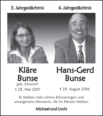 Traueranzeige von Kläre Bunse von Zeitung am Sonntag