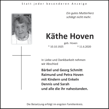 Traueranzeige von Käthe Hoven von Zeitung am Sonntag