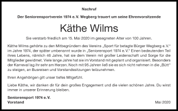 Traueranzeige von Käthe Wilms von Zeitung am Sonntag