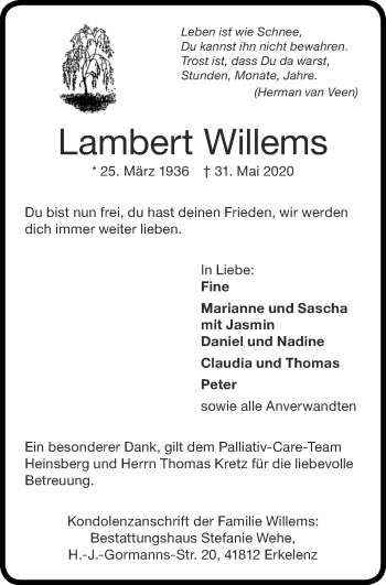Traueranzeige von Lambert Willems von Zeitung am Sonntag