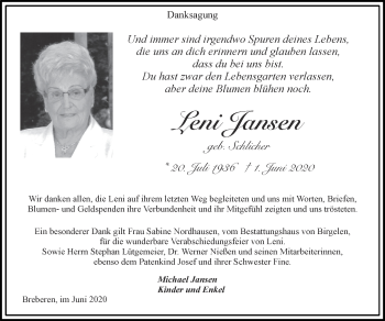 Traueranzeige von Leni Jansen von Zeitung am Sonntag