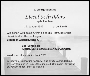 Traueranzeige von Liesel Schröders von Zeitung am Sonntag